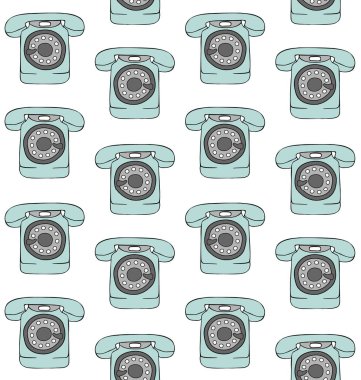 El çiziminin kusursuz vektör deseni. Beyaz arkaplanda izole edilmiş nane yeşili retro telefonlar.