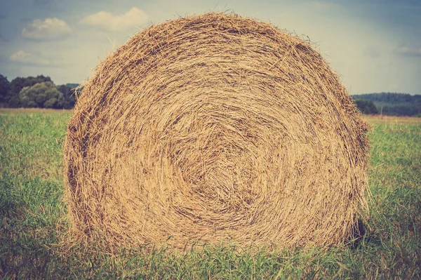 Vintage Landschap Met Strobalen Stoppelveld Landelijk Landelijk Landschap Zomer Gefotografeerd — Stockfoto