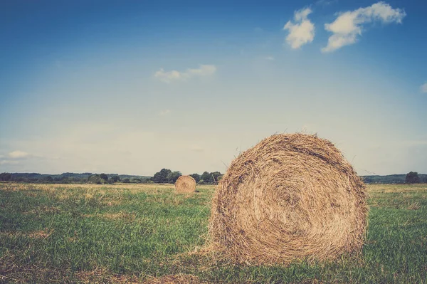 Vintage landscape showing straw bales on stubble field. Agricultural or rural landscape in summer photographed in Poland.