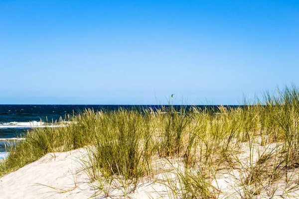 Krajobraz Widokiem Morze Wydma Trawa Letnie Błękitne Niebo Leba Morze — Zdjęcie stockowe