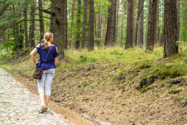 Ormanda yürüyen çekici genç bir kadın.