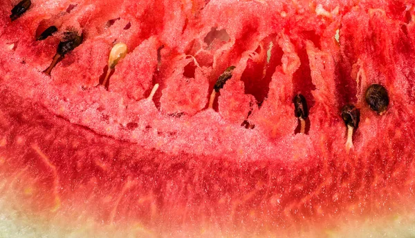 Rote Textur Der Wassermelone Makro Detailliert Nahaufnahme Nützlich Als Hintergrund — Stockfoto