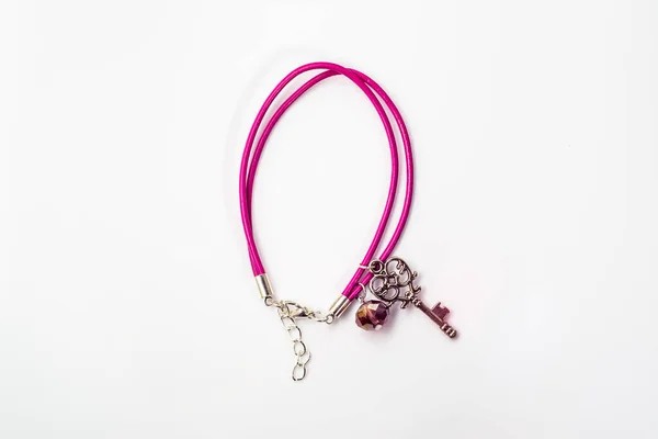 Close Handmade Bracelet Made Pink Leather Crystal Glass Pendant Shape — Stock Photo, Image