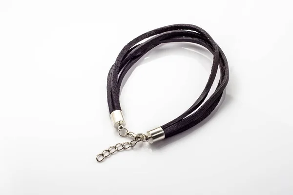 Bracelet Made Black Leather Straps Isolated White Background Close Handmade — Stock Photo, Image