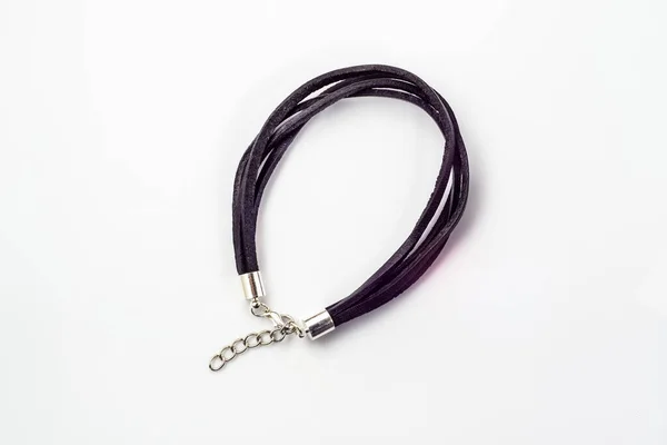 Macro Handmade Bracelet Made Black Leather Straps Isolated White Background — Stock Photo, Image