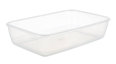 Boş şeffaf plastik yiyecek kabı beyaz arkaplanda izole edildi