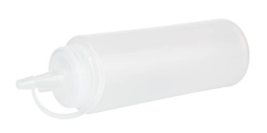 Beyaz arka planda izole edilmiş farklı soslar için şeker kutusuyla şeffaf plastik şişe.