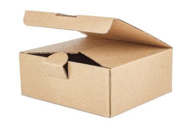 Düz kare kahverengi karton kutu beyaz arkaplan üzerinde açık kapak izole