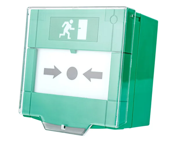 Botón Verde Apertura Puerta Emergencia Con Tapa Transparente Cerrada Aislada — Foto de Stock