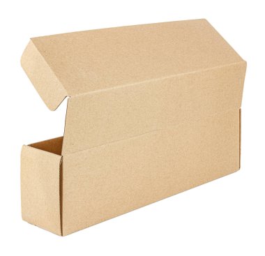 Açık kapaklı kahverengi karton kutu beyaz arkaplanda izole