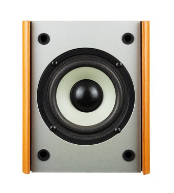 Beyaz arkaplanda gümüş ön panel izole edilmiş dikey tek kişilik müzik hoparlörü