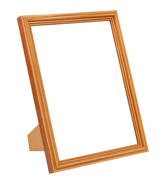 Empty Brown Wooden Photo Frame Thin Border Stand Isolated White — Stock Photo, Image