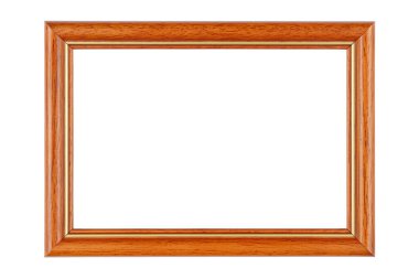 Beyaz arka planda izole edilmiş altın kenarlı boş parlak kahverengi ahşap fotoğraf çerçevesi