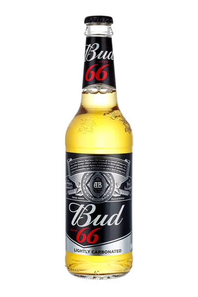 Moscú Rusia Abril 2021 Bud Lager Beer Transparent Glass Bottle — Foto de Stock