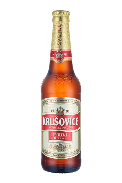 Moscú Rusia Abril 2021 Krusovice Premium Lager Beer Brown Glass — Foto de Stock