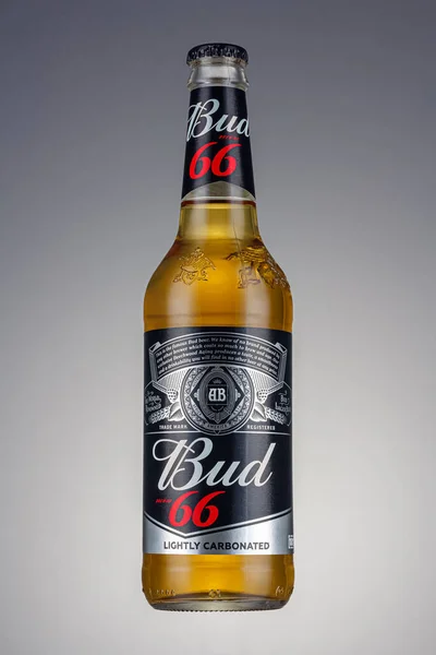 Moscú Rusia Abril 2021 Bud Lager Beer Transparent Glass Bottle — Foto de Stock