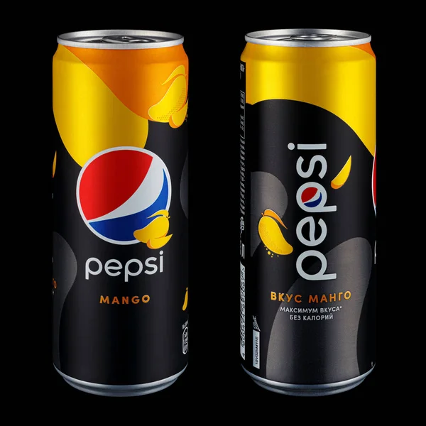 Moskau Russland April 2021 Pepsi Mango Zwei Farbigen Aluminiumdosen Mit — Stockfoto