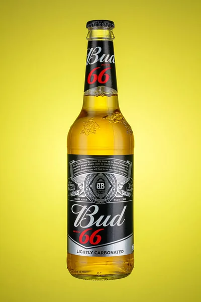 Moscú Rusia Abril 2021 Botella Vidrio Transparente Cerveza Bud Lager — Foto de Stock