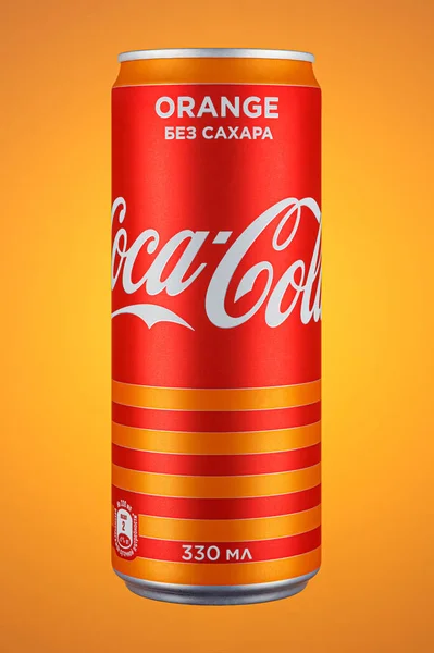 Moscow Russia April 2021 Coca Cola Orange Sugar Red Aluminum — Stock Photo, Image