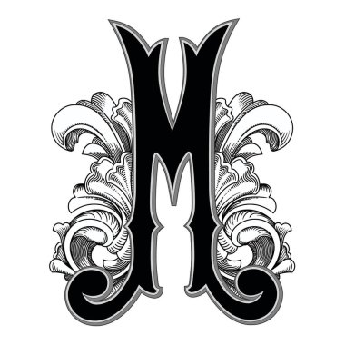 Beyaz arka planda izole edilmiş büyük harfli dekorasyonun vektör çizimi. Barok süslemeli zarif antik harf M. Baş harfler, logolar, amblemler için zarif siyah harfler.