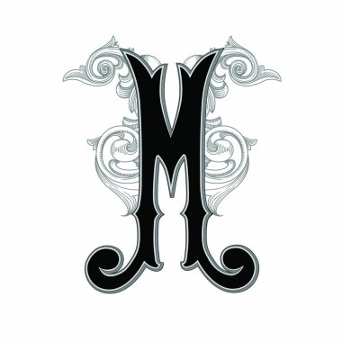 Beyaz arka planda izole edilmiş büyük harfli dekorasyonun vektör çizimi. Barok süslemeli zarif antik harf M. Baş harfler, logolar, amblemler için zarif siyah harfler.