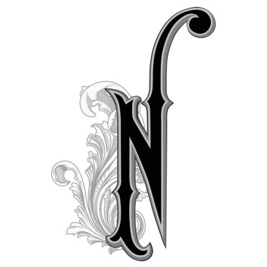 Beyaz arka planda izole edilmiş dekorasyonlu büyük harflerin vektör illüstrasyonu. Barok süslemeli zarif antika harf N. Baş harfler, logolar, amblemler için zarif siyah harfler.