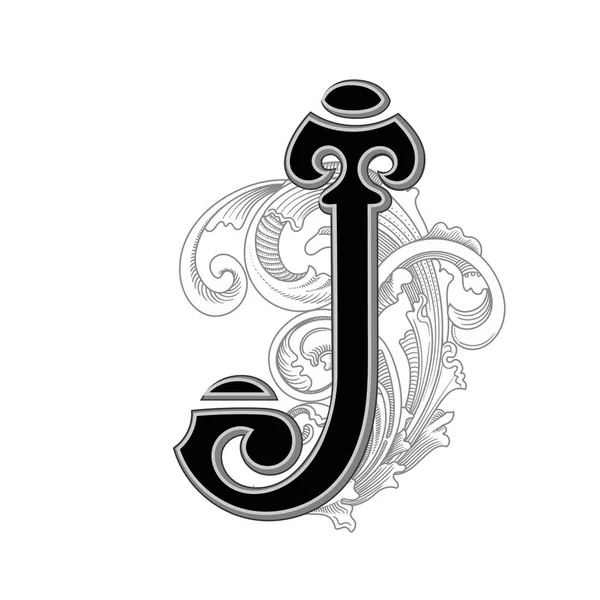 白を基調とした装飾が施された大文字のベクトルイラスト バロック調の装飾が施された上品なアンティークレターJ モノグラム エンブレムを使用するエレガントな黒の大文字 — ストックベクタ