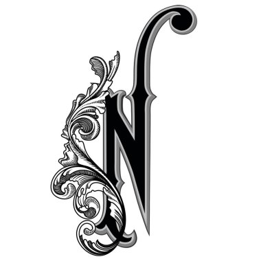 Beyaz arka planda izole edilmiş dekorasyonlu büyük harflerin vektör illüstrasyonu. Barok süslemeli zarif antika harf N. Baş harfler, logolar, amblemler için zarif siyah harfler.