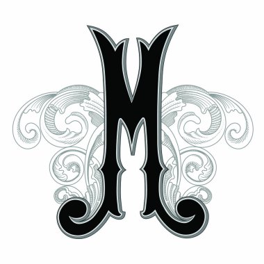 Beyaz arka planda izole edilmiş büyük harfli dekorasyonun vektör çizimi. Barok süslemeli zarif antik harf M. Baş harfler, logolar, amblemler için zarif siyah harfler.