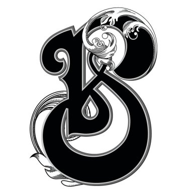 Beyaz arka planda izole edilmiş büyük harfli dekorasyonun vektör çizimi. Barok süslemeli zarif antik harf B. Baş harfler, logolar, amblemler için zarif siyah harfler.