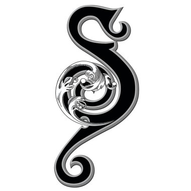 Beyaz arka planda izole edilmiş büyük harfli dekorasyonun vektör çizimi. Barok süslemeli zarif antika S harfi. Baş harfler, logolar, amblemler için zarif siyah harfler.