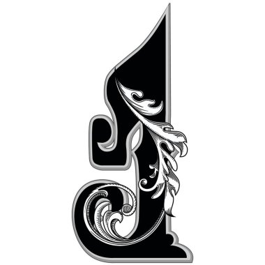 Beyaz arka planda izole edilmiş dekorasyonlu büyük harflerin vektör illüstrasyonu.Barok süslemeli zarif antik mektup I. Baş harfler, logolar, amblemler için zarif siyah harfler.