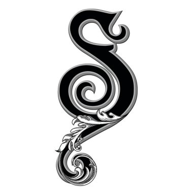 Beyaz arka planda izole edilmiş büyük harfli dekorasyonun vektör çizimi. Barok süslemeli zarif antika S harfi. Baş harfler, logolar, amblemler için zarif siyah harfler.