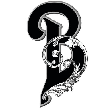 Beyaz arka planda izole edilmiş büyük harfli dekorasyonun vektör çizimi. Barok süslemeli zarif antik harf B. Baş harfler, logolar, amblemler için zarif siyah harfler.