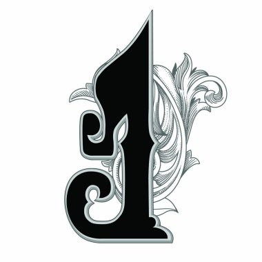 Beyaz arka planda izole edilmiş dekorasyonlu büyük harflerin vektör illüstrasyonu.Barok süslemeli zarif antik mektup I. Baş harfler, logolar, amblemler için zarif siyah harfler.