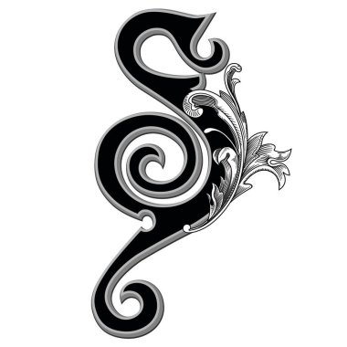 Beyaz arka planda izole edilmiş büyük harfli dekorasyonun vektör çizimi. Barok süslemeli zarif antika S harfi. Baş harfler, logolar, amblemler için zarif siyah harfler.