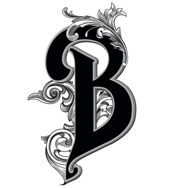 Beyaz arka planda izole edilmiş büyük harfli dekorasyonun vektör çizimi. Barok süslemeli zarif antik harf B. Baş harfler, logolar, amblemler için zarif siyah harfler.