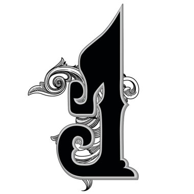 Beyaz arka planda izole edilmiş dekorasyonlu büyük harflerin vektör illüstrasyonu.Barok süslemeli zarif antik mektup I. Baş harfler, logolar, amblemler için zarif siyah harfler.