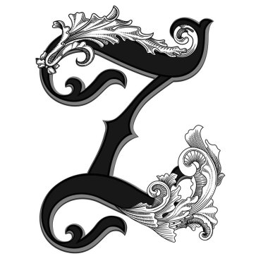 Beyaz arka planda izole edilmiş büyük harfli dekorasyonun vektör çizimi. Barok süslemeli zarif antika harf Z. Baş harfler, logolar, amblemler için zarif siyah harfler.