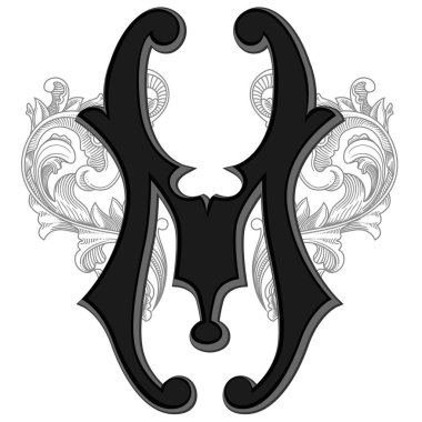 Beyaz arka planda izole edilmiş büyük harfli dekorasyonun vektör çizimi. Barok süslemeli zarif antik harf M. Baş harfler, logolar, amblemler için zarif siyah harfler.