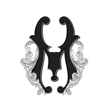 Beyaz arka planda izole edilmiş büyük harfli dekorasyonun vektör çizimi. Barok süslemeli zarif antik harf M. Baş harfler, logolar, amblemler için zarif siyah harfler.