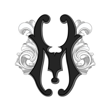 Beyaz arka planda izole edilmiş büyük harfli dekorasyonun vektör çizimi. Barok süslemeli zarif antik harf M. Baş harfler, logolar, amblemler için zarif siyah harfler.