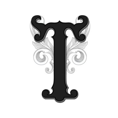 Beyaz arka planda izole edilmiş büyük harfli dekorasyonun vektör çizimi. Barok süslemeli zarif antika harf T. Baş harfler, logolar, amblemler için zarif siyah harfler.