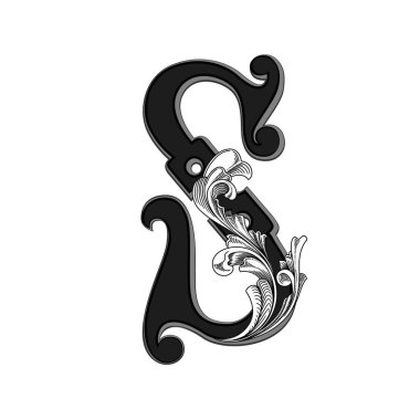 Beyaz arka planda izole edilmiş büyük harfli dekorasyonun vektör çizimi. Barok süslemeli zarif antika S harfi. Baş harfler, logolar, amblemler için zarif siyah harfler.