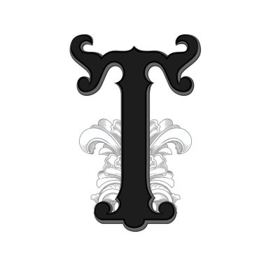 Beyaz arka planda izole edilmiş büyük harfli dekorasyonun vektör çizimi. Barok süslemeli zarif antika harf T. Baş harfler, logolar, amblemler için zarif siyah harfler.