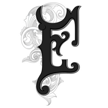 Beyaz arka planda izole edilmiş dekorasyonlu büyük harflerin vektör çizimi. Zarif antika harf ve barok süslemeler. Baş harfler, logolar, amblemler için zarif siyah harfler.