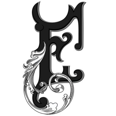 Beyaz arka planda izole edilmiş dekorasyonlu büyük harflerin vektör çizimi. Zarif antika harf ve barok süslemeler. Baş harfler, logolar, amblemler için zarif siyah harfler.