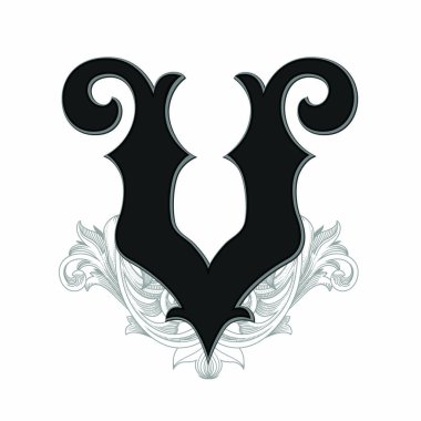 Beyaz arka planda izole edilmiş büyük harfli dekorasyonun vektör illüstrasyonu. Zarif, barok süslemeli antik Harf V. Baş harfler, logolar, amblemler için zarif siyah harfler.