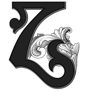 Beyaz arka planda izole edilmiş büyük harfli dekorasyonun vektör çizimi. Barok süslemeli zarif antika harf Z. Baş harfler, logolar, amblemler için zarif siyah harfler.