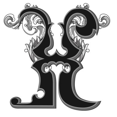 Beyaz arka planda izole edilmiş büyük harfli dekorasyonun vektör çizimi. Barok süslemeli zarif antika harf X. Baş harfler, logolar, amblemler için zarif siyah harfler.